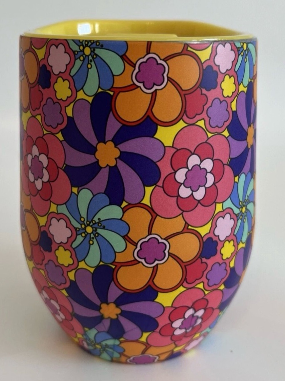 Benefit Cosmetics Floral Wine Tumbler Metal Plastic Lid Home Travel NEW